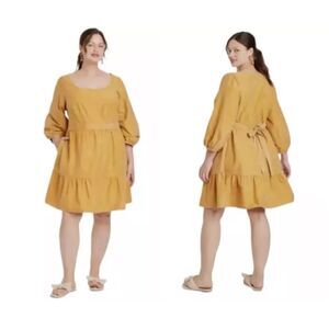Ava & Viv Women's Balloon 3/4 Sleeve A-Line Dress  Plus Size 1X  NWT Mustard